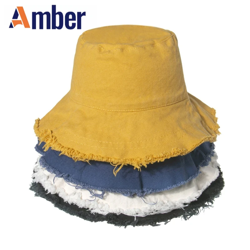 

Amber Y2K bucket hat tear ripped soild color foldable Panama fisherman hats cap cotton retro vintage ins sample style Outdoor