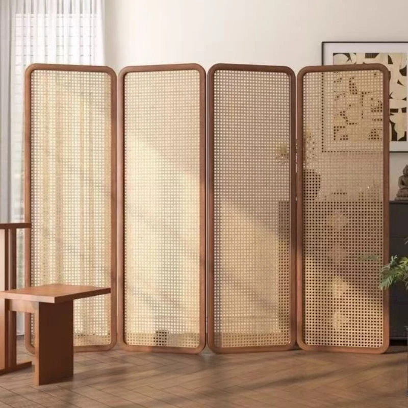 Rattan screen partition living room retro entrance entrance office home folding mobile solid wood folding screen