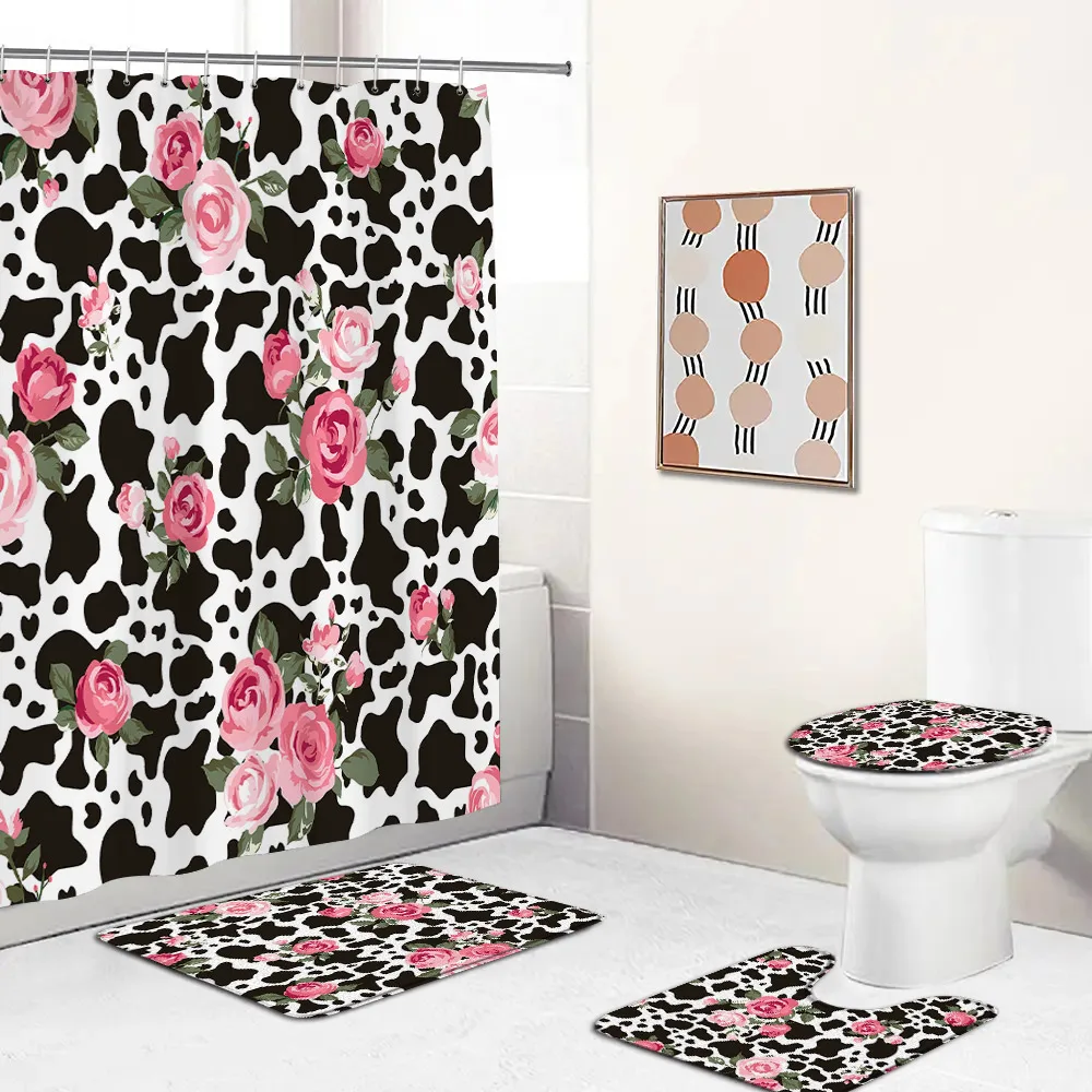 Leopard Pattern Shower Curtain Set Panther Zebra Stripes Pink Rose Fashion Non-slip Bath Mat Modern Home Carpet Toilet Lid Cover