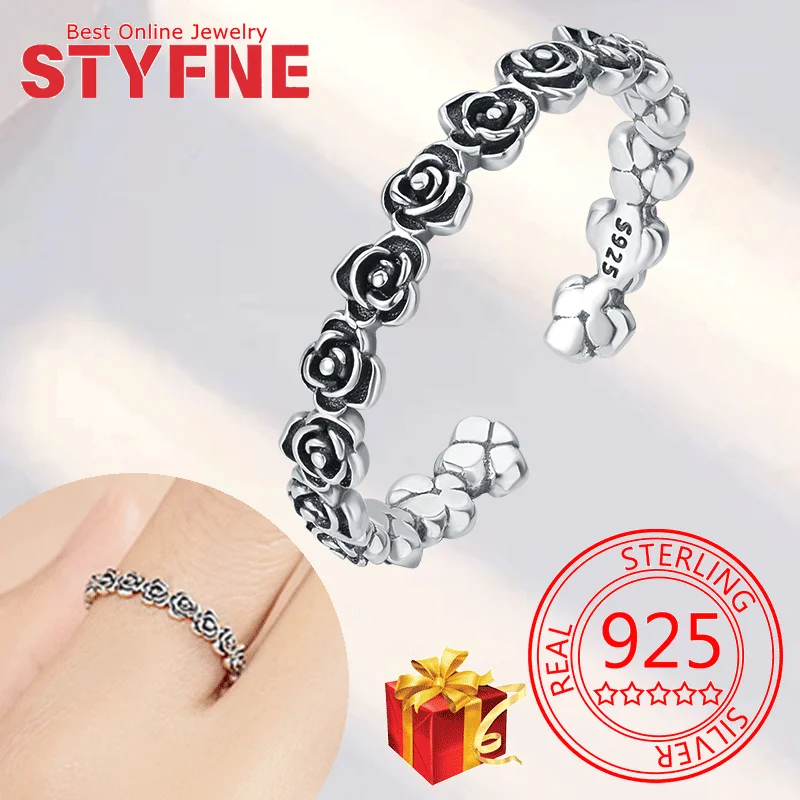 

Real 925 Sterling Silver Vintage Rose CZ Finger Adjustable Ring For Women Wedding Jewelry Gifts with GIFT BOX