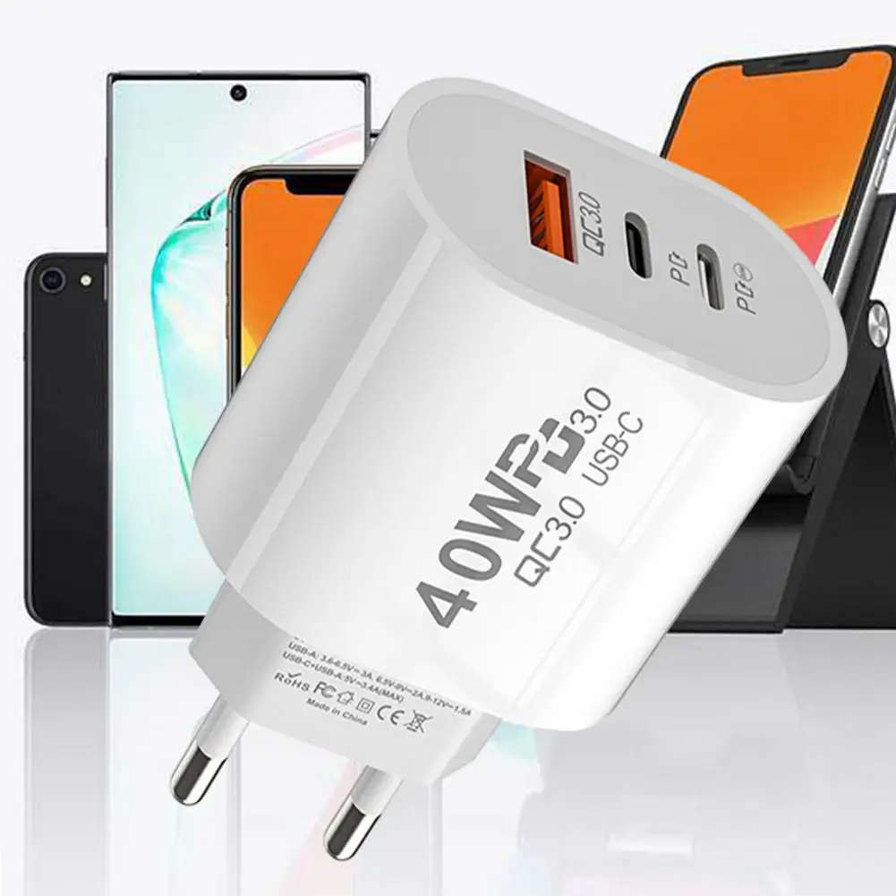 6.3cm Travel Charger Adapter 40W Dual PD Type-C/USB Ports Multi-protection EU Plug Compact Reliable  Quick Charging Charger Head