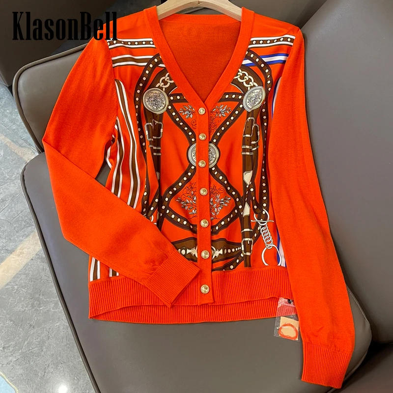 

3.7 KlasonBell Fashion Vintage Rope Chain Print Pattern Silk Spliced Wool Knit V-Neck Red Cardigan Women