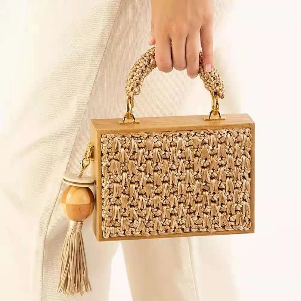 2023 Summer Beach Bamboo Tassel Straw Woven Bag Cross-body Single Shoulder Beach Handag Rattan Rope Square Chain Strap Box