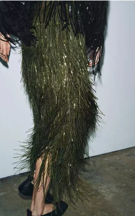 الرجعية الأخضر الترتر ميدي تنورة سيدة أنيقة عالية الخصر Bodycon طويل لامعة مطرزة أسفل النساء عيد الميلاد مساء نادي التنانير #1