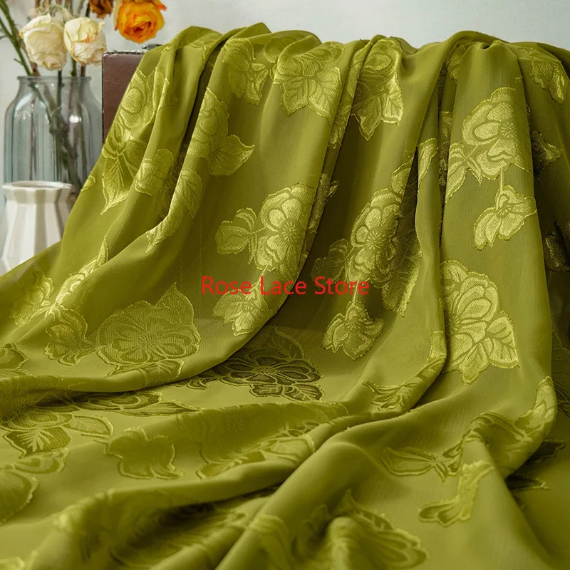 

Flower jacquard yellow pink green Sheer Chiffon Fabric for Wedding Dress, Daily Top, Home Decor, 1meter