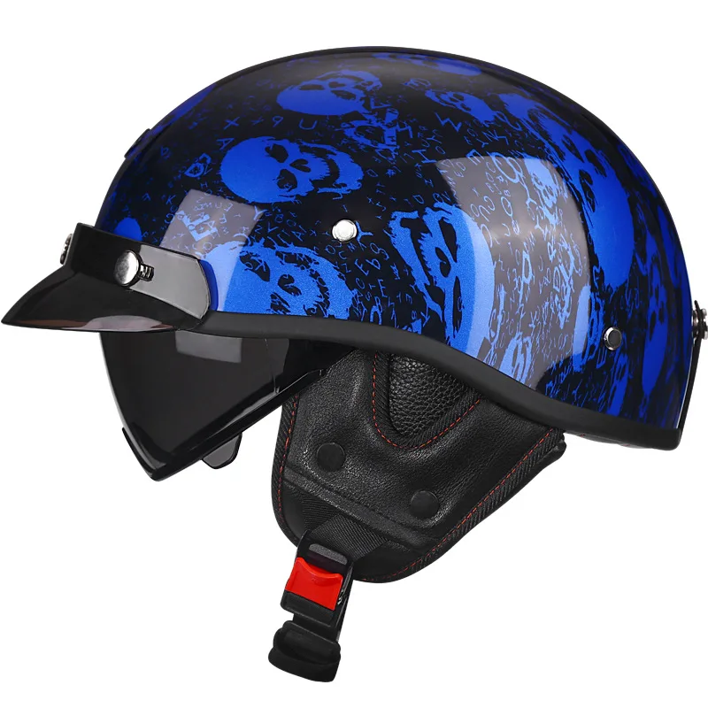 Unisex Electric Motorcycle Half Helmet with Sun Protection Built-In Lens Four Seasons Japanese Vintage Open Half Helmet DOT