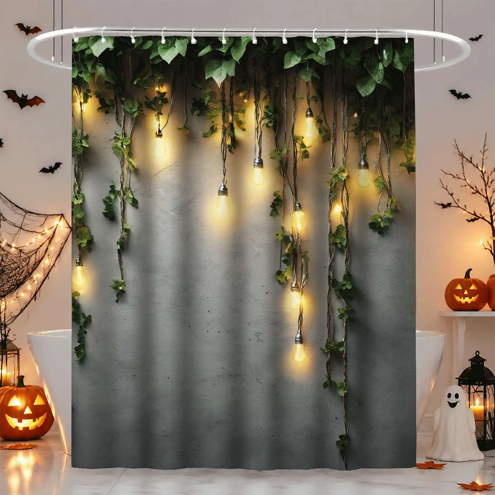 Rustic Ivy Greenery Fairy Lights Shower Curtain Boho Waterproof Bathroom Decor Vines String Lights Printed Fall Seasonal Home Ac