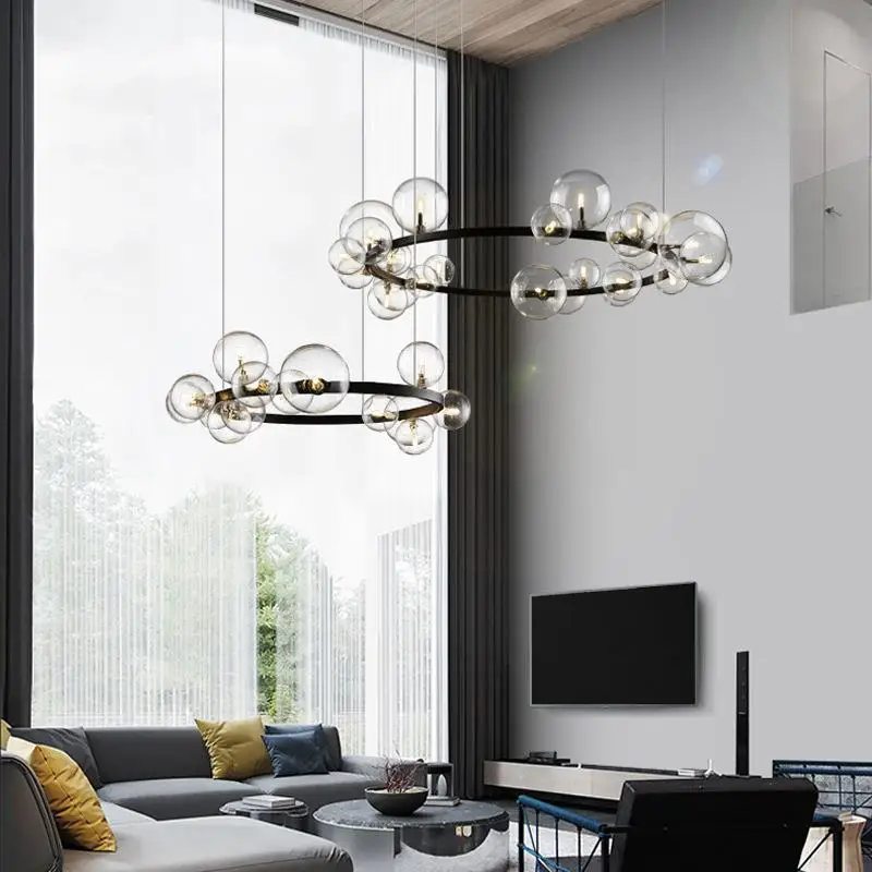 

Nordic ring design bubble chandelier Internet celebrity light luxury living room dining room glass lamp simple ins wind bedroom