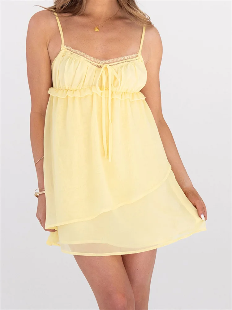 CHRONSTYLE Abito estivo da donna in pizzo senza maniche senza schienale taglio basso in rete Cami Dress increspato a vita alta orlo irregolare Vestido 2025