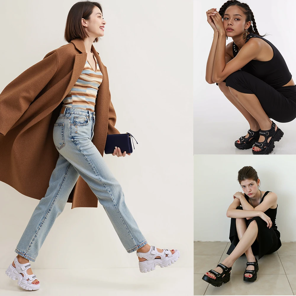 Fujin 8cm Women Sandals Platform Thick Sole Chunky Shoes Platform Ins Casual Summer Shoes Sandals Beige Black Comfortable image 2