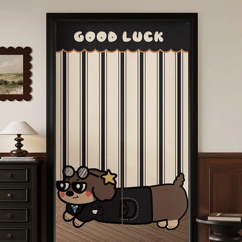 Retro Cartoon Sausage Dog Door Curtain, Good Luck Fabric Door Curtain, No Punching Entrance, Bedroom Privacy Partition Curtain