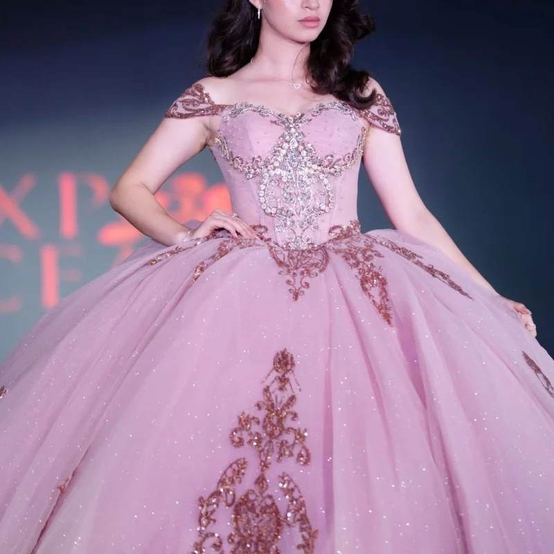 

Shiny Pink Quinceanera Dress off-shoulder Glitter Crystal Decal Long tail vestidos de 15 Quinceanera ﻿Customize