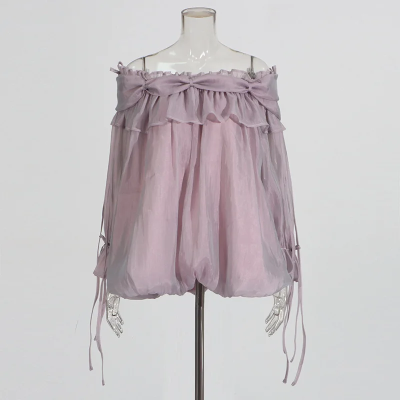 

Fashion sweet style shirt women's new one-word neck fungus edge splicing lace-up design long-sleeved top