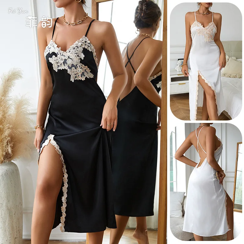 Women Black Satin Midi Slip Dress Floral Lace Applique V Neck Criss Cross Back High Split Elegant Ladies Nightwear Gown 1YQY