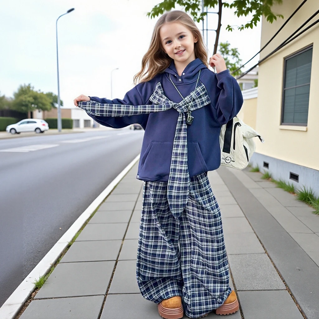 

Комплект для девочек: флисовая толстовка с капюшоном и широкие брюки в стиле ретро-плед, 2 предмета, зимний утепленный спортивный костюм для подростков и детей