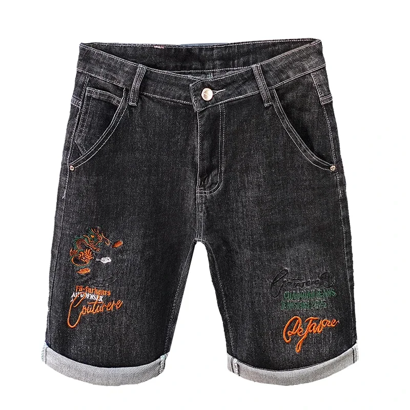 Pop ฤดูร้อนผู้ชายกางเกงยีนส์กางเกงขาสั้นปักแฟชั่นยืดตรง Slim ตรงสั้นกางเกงสบายๆกางเกงยีนส์ชาย Streetwear