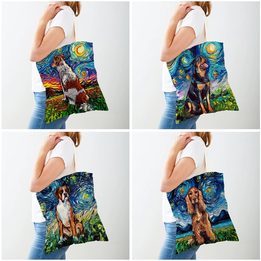 Van Gogh Starry Sky Dog Oil Painting Tote Handbag Fashion Animal Shopper Bag Both Sides Casual Canvas Cloth Women Shopping Bags