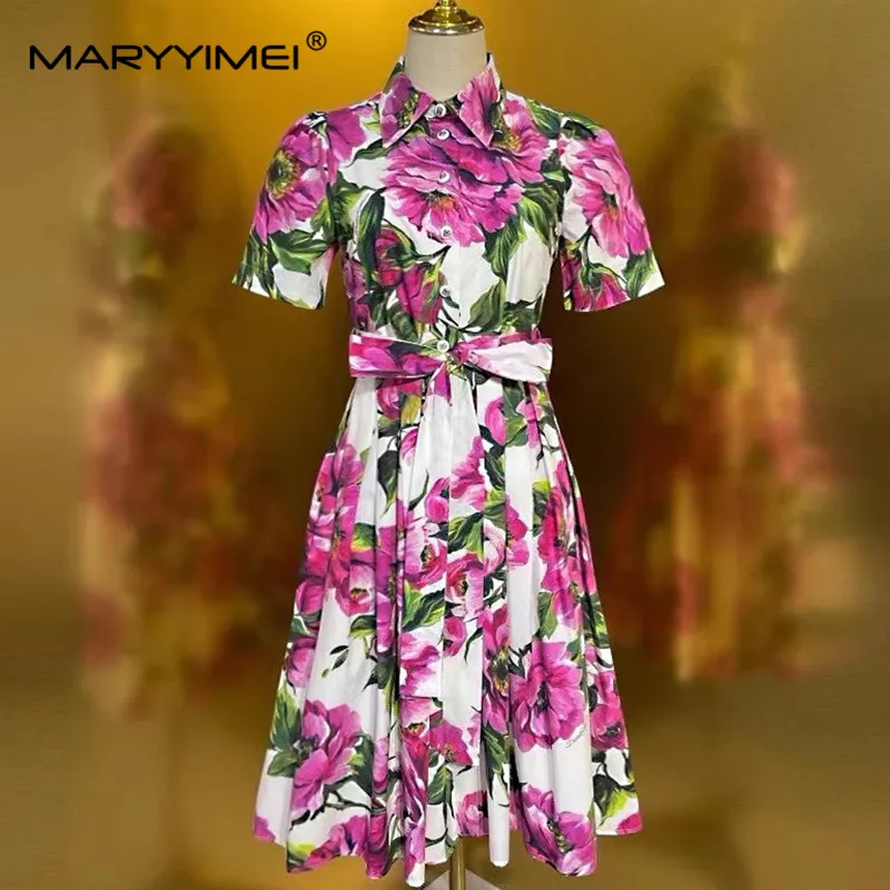 MARYYIMEI Spring Autumn Women's Dress Single-Breasted Turn-Down Collar Floral-Print Short sleeves Lace-Up Cotton Dresses