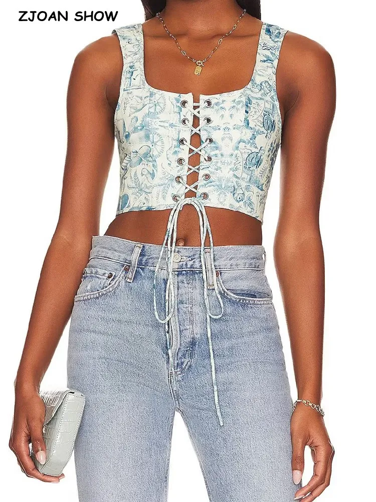 Retro French Blue White Flower Print Crop Top Women Summer Corset Tanks Sexy Cross Lacing up Bandage Fishbone Slim Camisole