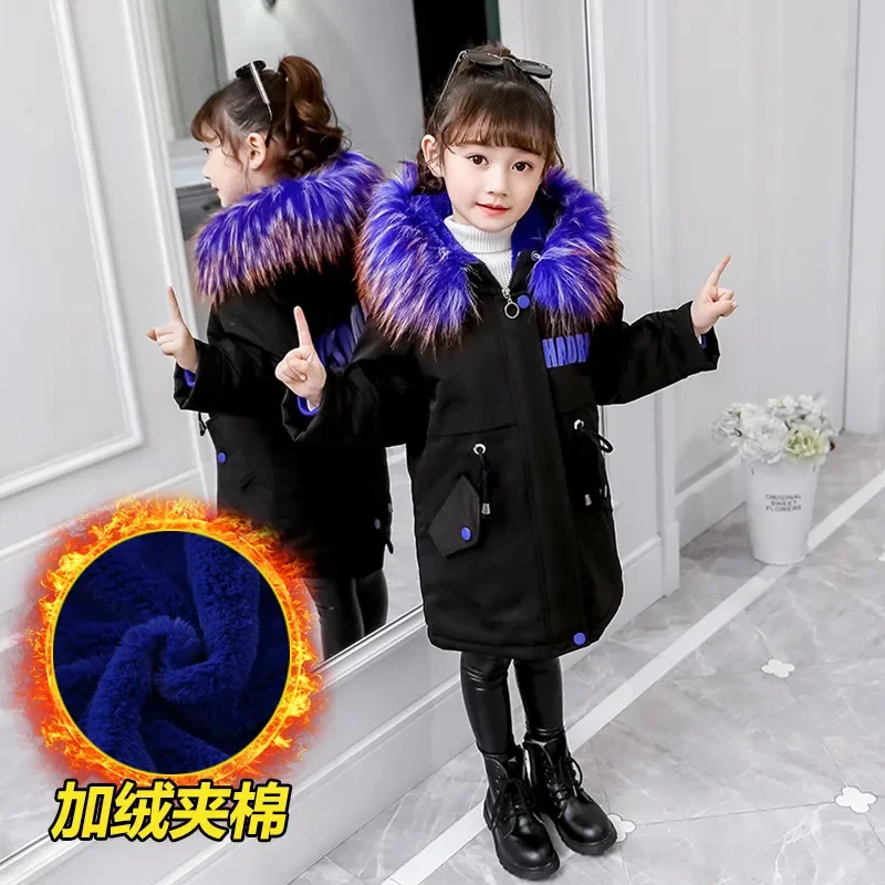 Girls Clothes Fashion Detachable Parka Winter Thick Warm Top Children's Clothing Med-length Snowsuit with Large Fur Collar 4-14Y