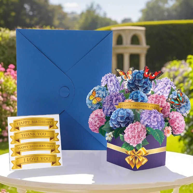 Handgefertigte 3D-bestickte Blumenstrauß-Grußkarte mit Umschlag und leerer Nachrichtenkarte in verschiedenen Farben für Muttertag und Geburtstag.