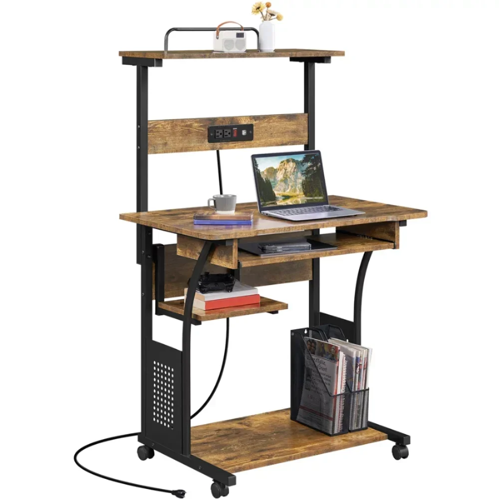 

3 Tiers Computer Desk with Charging Station Printer Shelf for Home Office Rustic Brown desk computer