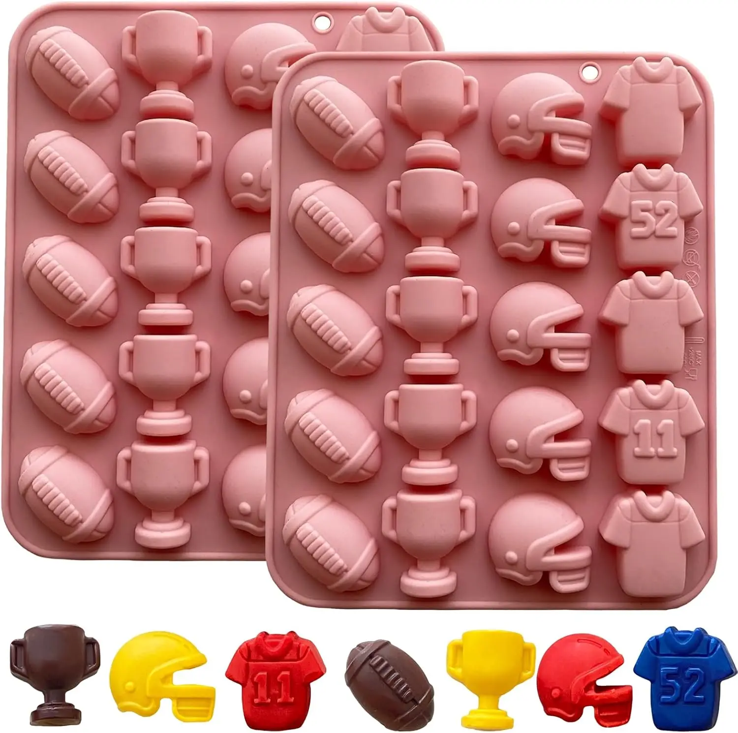 

2PCS Football Chocolate Mold Sports Theme Silicone Candy Mold Helmet Jersey Mold for Jello Gummy Ice Cube Cupcake Decorations