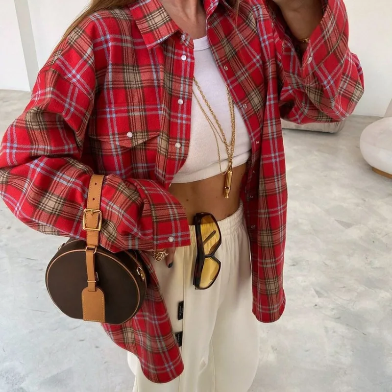 Trendix Fall Plaid Cardigan Shirts For Women 2025 New Street Casual Loose Long Sleeve Long Coats Autumn Basic Commuting Jacket