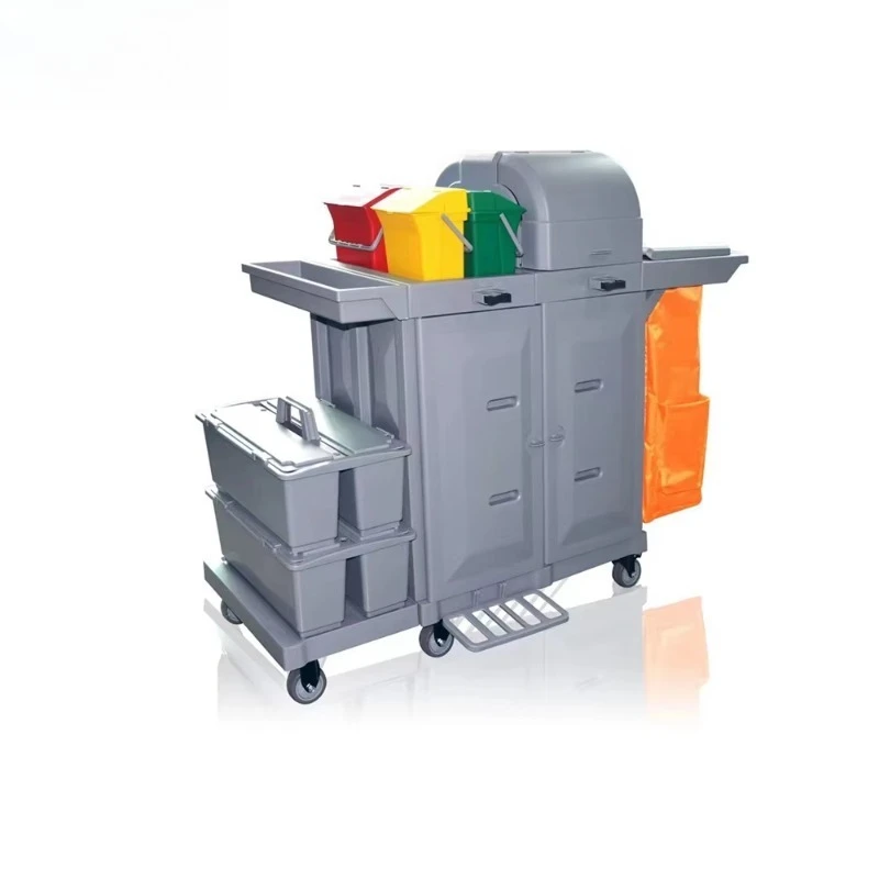 Plastic 4-Wheel Cleaning Cart with Double Door and 200 lb Capacity for Housekeeping Use