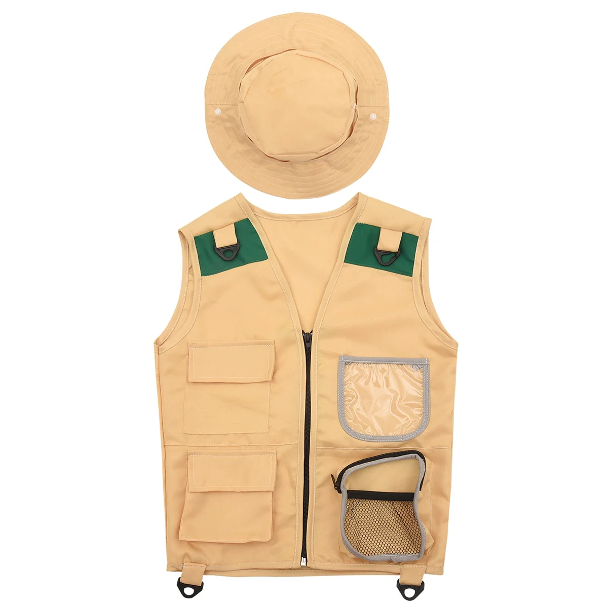 Outdoor Adventure Kit,Young Kid's Khaki Cargo Vest and Hat Comfortable and Durable Explorer Costume Role Play Toy