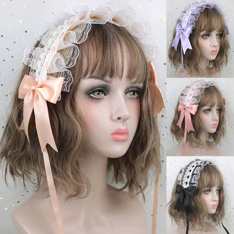 Japonês Lolita Lace Bow Headband, Ruffled Ribbon, Handmade Headdress, Sweet Girls Maid Cosplay, Anime Headwear, Acessórios de cabelo