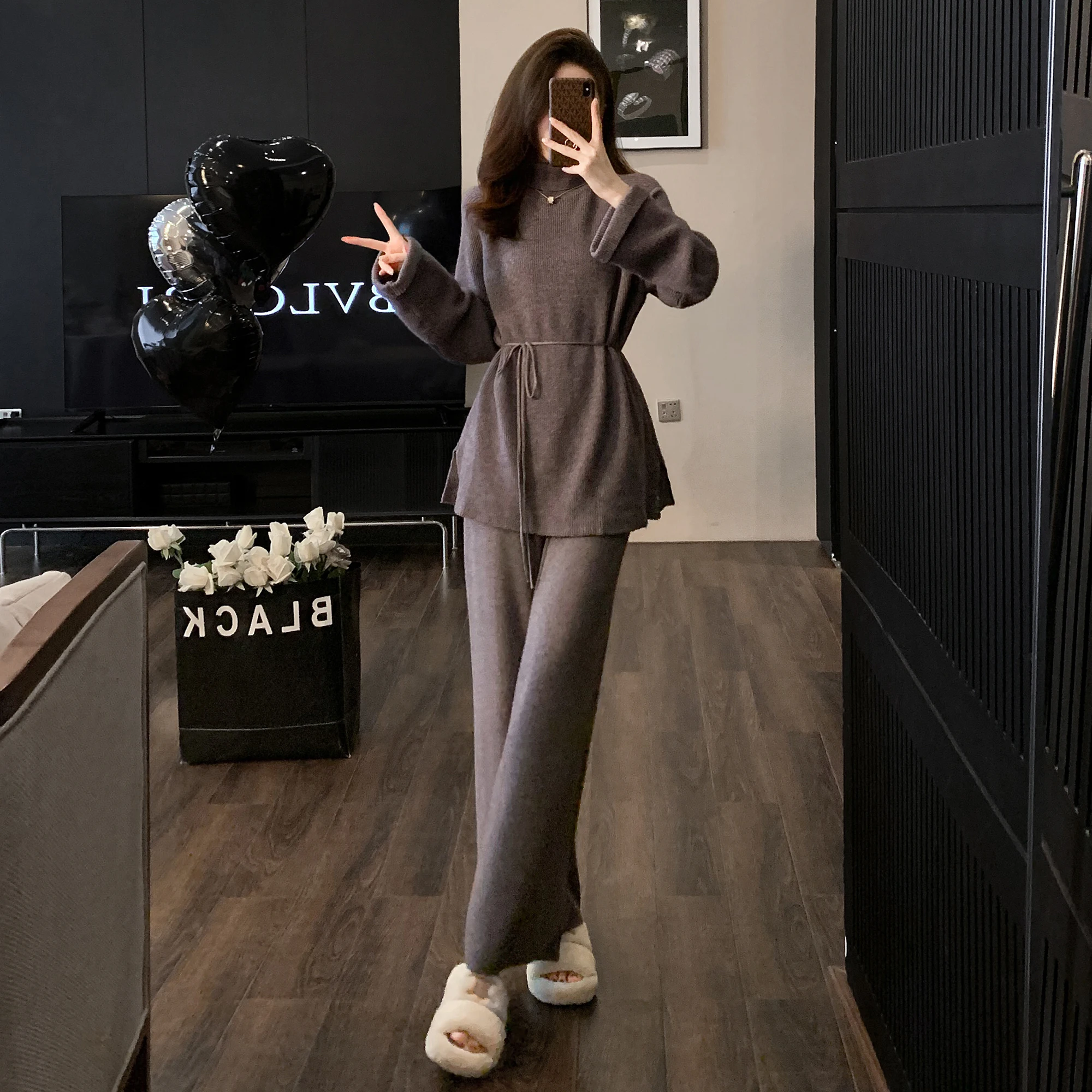 Women\'s Knitted Wide-leg Pants Set Loose Pullover Turtleneck Grey Suit Temperament Autumn Fashion 2-Piece Outfits 2024