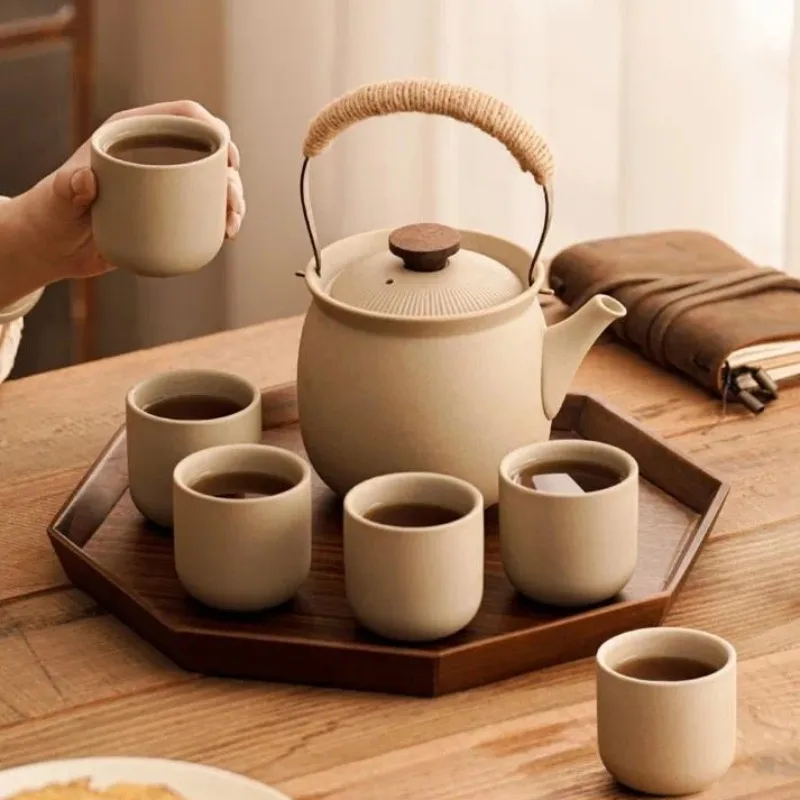 Walnut Wood Tray Ceramic Water Set Heat Resistant Teapot Cold Water Pitcher with Cups for Home Hotel Tea Serving