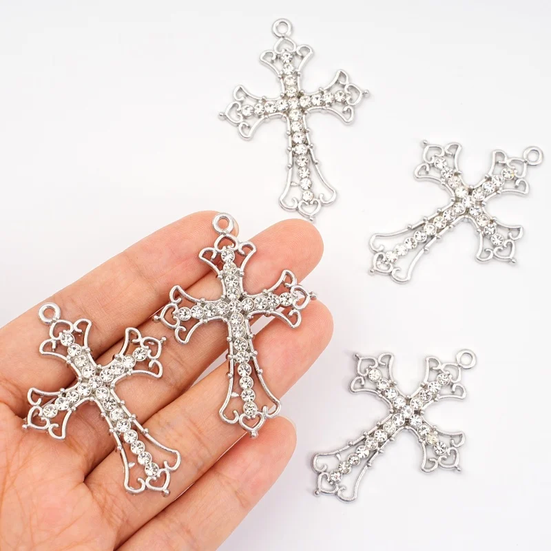 2Pcs Gothic Silver Water Diamond Cross Pendant DIY Jewelry Making Necklace Bracelet Accessories Craft Supplies