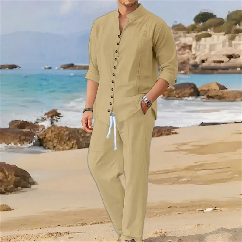 Men's Fashionable Cotton Linen Shirt Set, Stand Collar, Long Sleeves, Two-Piece Set, Spring/Autumn Style, 100% Natural Fiber - Image 5