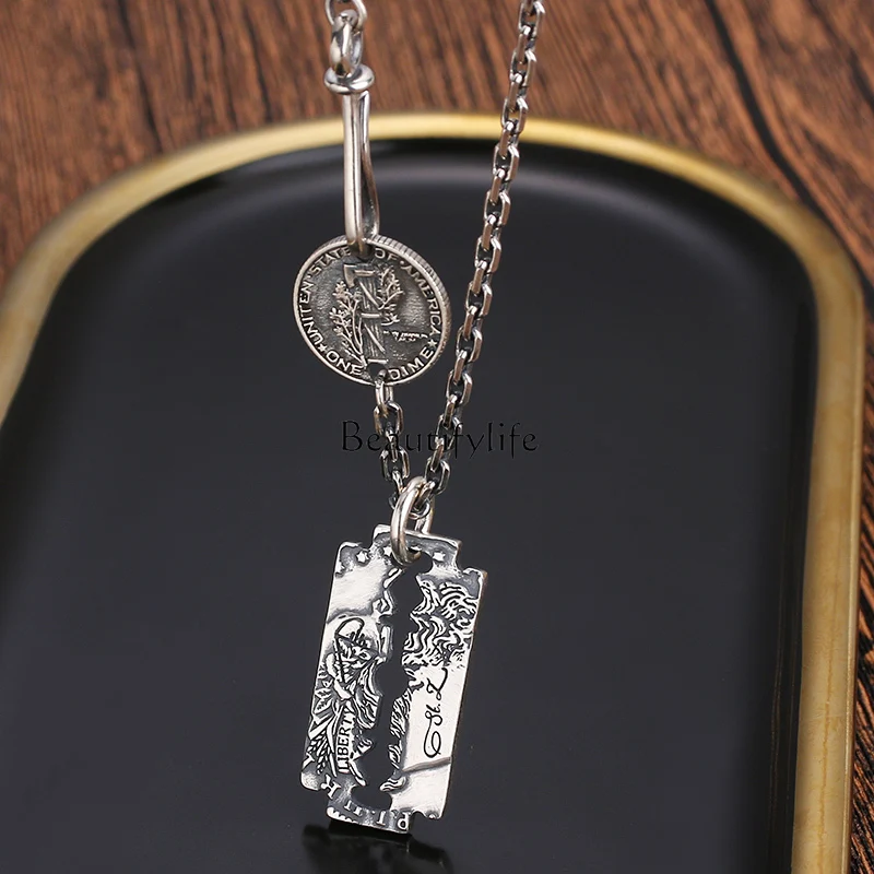 

Pendant Case Sweater Chain 925 Sterling Silver Carved Men's Vintage Necklace