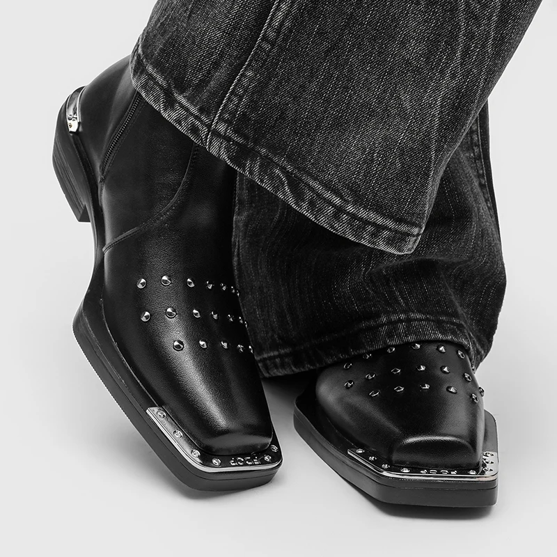 

New Men Business Chelsea Boots Black Men High-heeled Side-zipper Fashionable Square-toed Brand Boots Social Boots Sizes 38-46