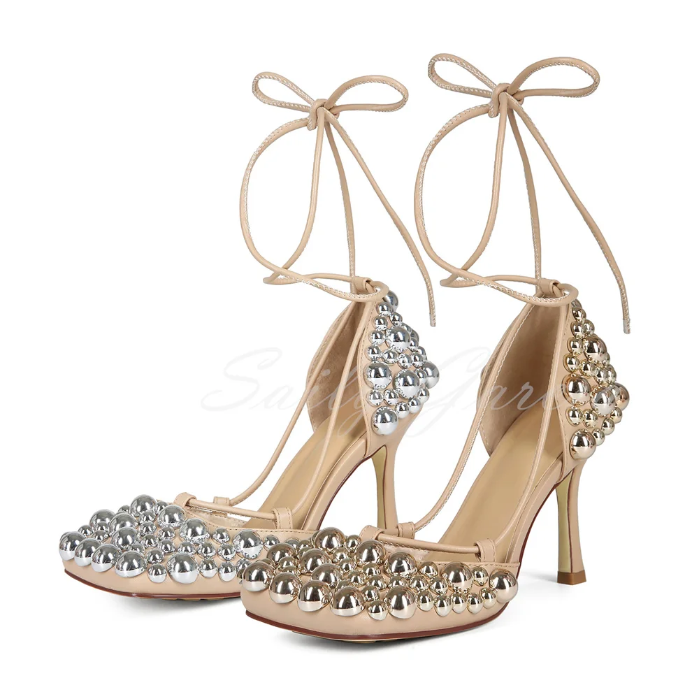 Crystal Strap High Heels Women Sexy Mesh Square Toe Hollowed Out Pearl Strap Sandals Plus Size Trendy Lace Up Party Dress Pumps