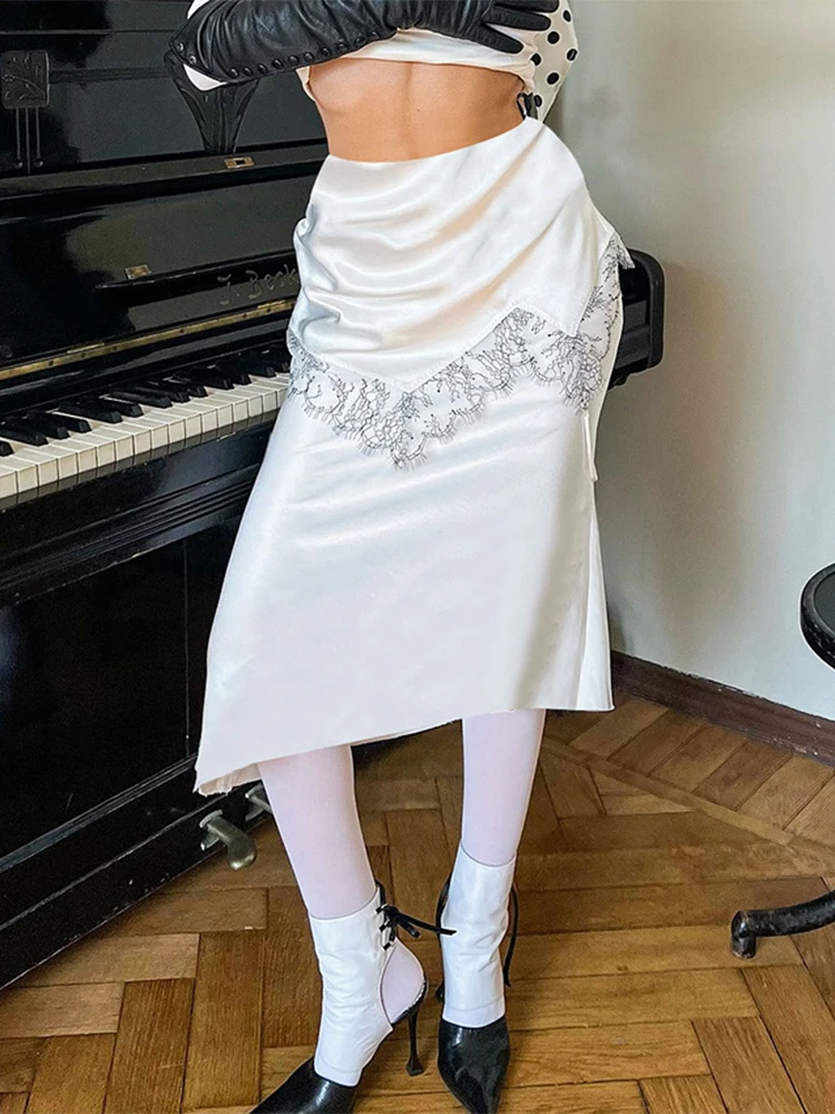 

Trendix Lace Patchwork Satin Skirt For Women White Asymmetrical High Waist Midi Skirts Party Club Vintage Elegant Skirts 2025