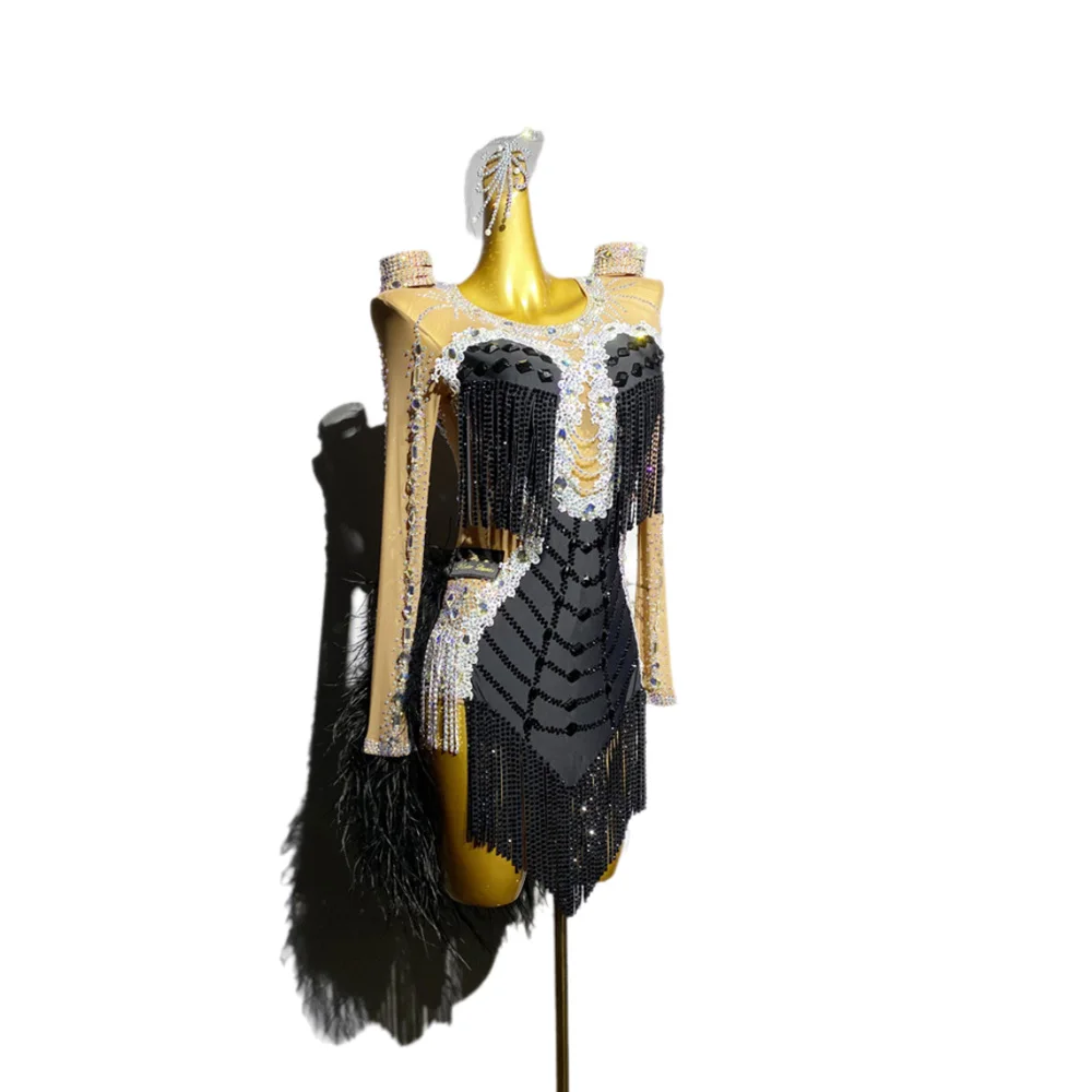 Vestido de actuación de Samba de piscina negra con plumas de empalme de malla personalizado de alta gama para niños y adultos de piedra AB para baile latino