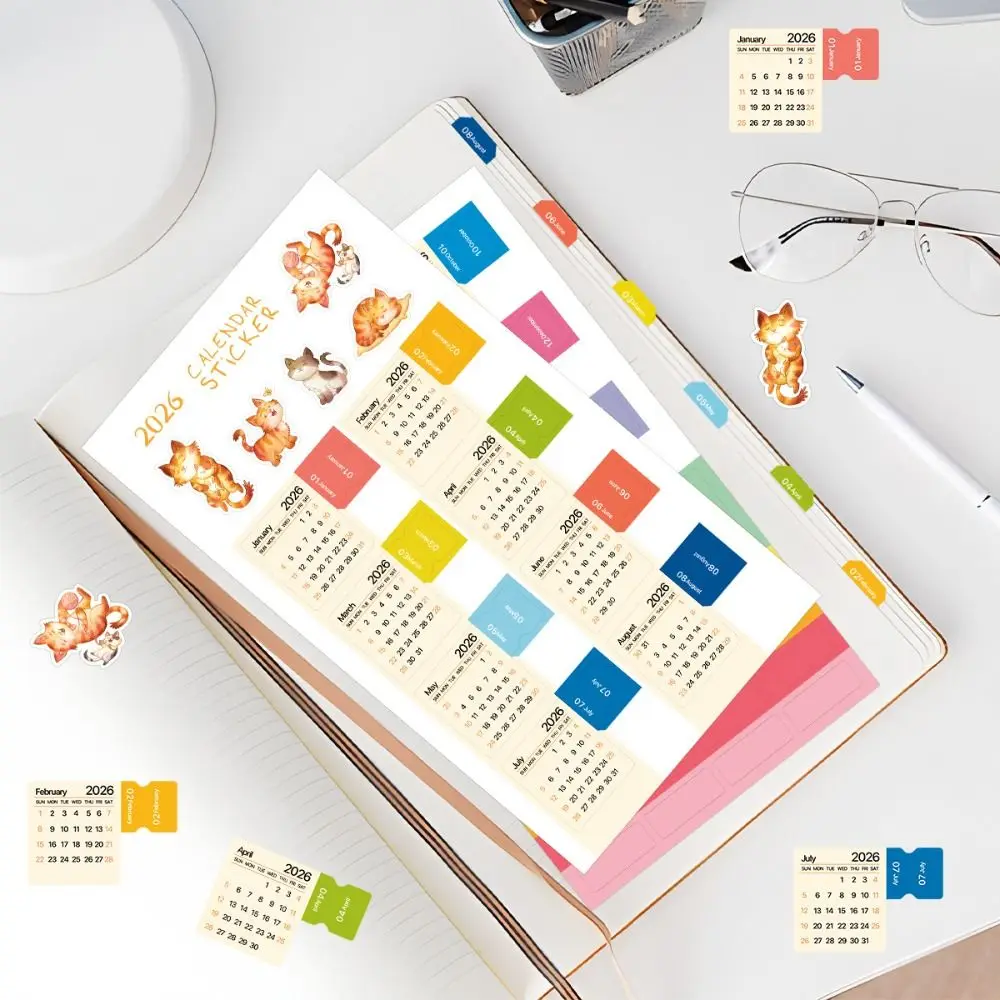 Diy Scrapbook 2026 Calendar Stickers Self-adhesive 2 Sheets Monthly Planner Stickers Simple Cartoon Divider Index Tabs