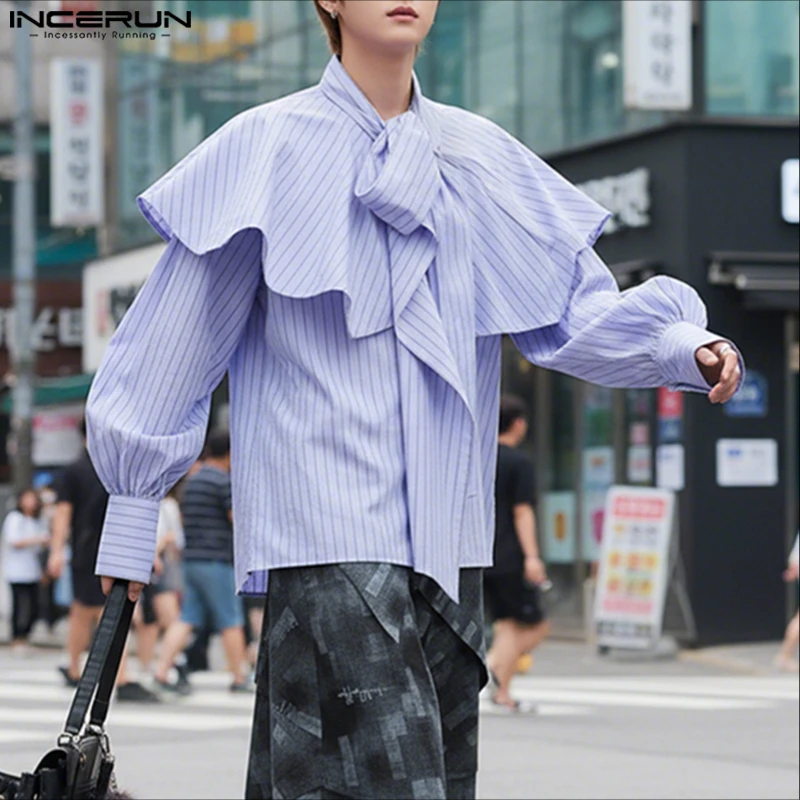 

Мужская рубашка INCERUN в полоску с оборками, с длинным рукавом, свободного кроя, повседневная, весенняя, на шнуровке, уличная одежда, модные топы 2026, мужские рубашки