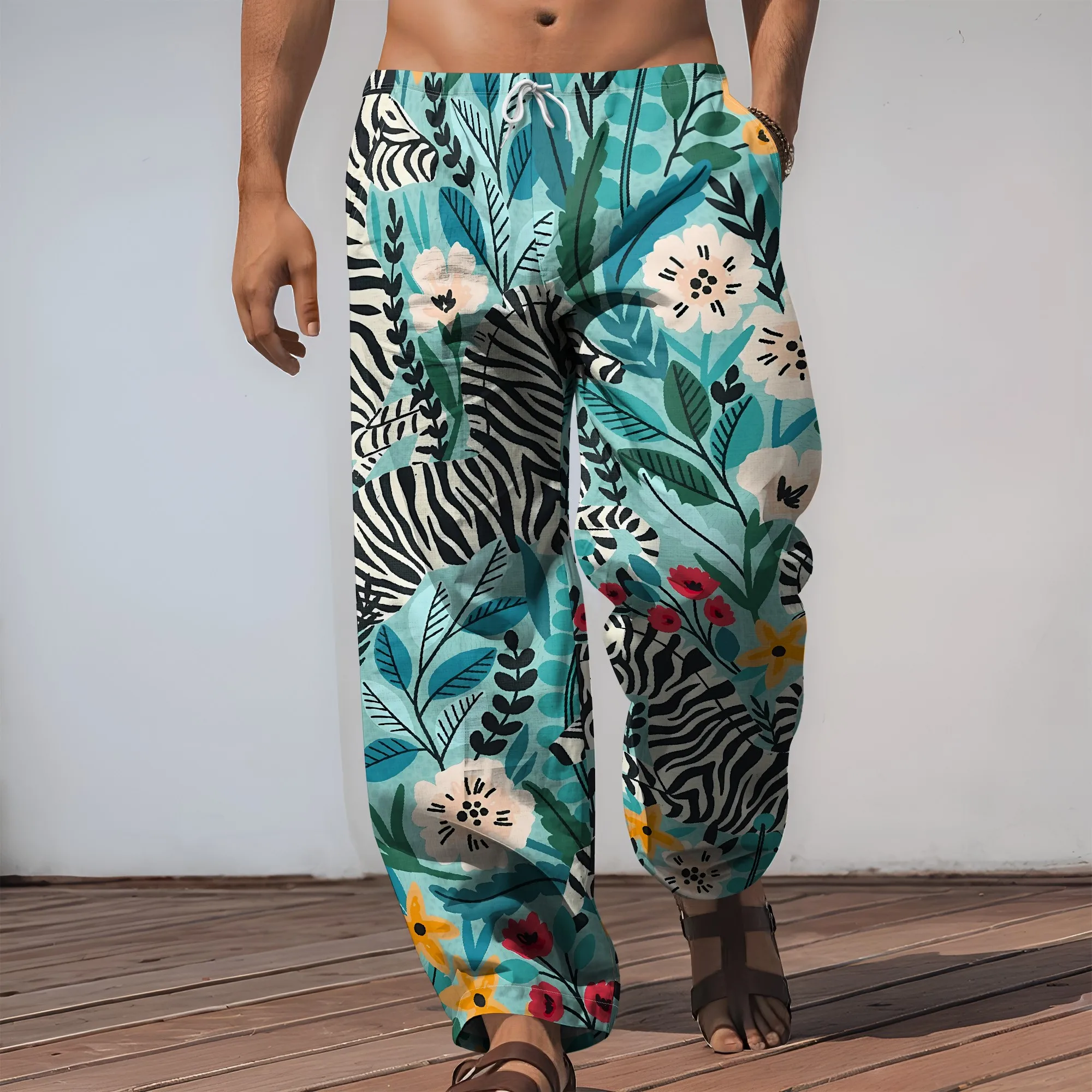 YEAE Colorful Tribal Geometric Patchwork Pants for Men Summer Casual Loose Drawstring Trousers