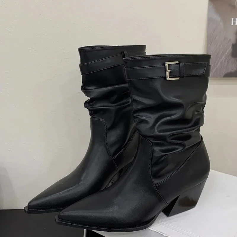

Aneikeh модный дизайн, плиссированные ботильоны с пряжкой на ремешке, осенне-зимние короткие ботильоны, женские туфли на низком квадратном каблуке с острым носком