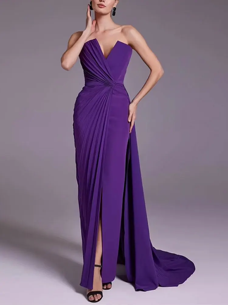 Sexy Slim Fit Strapless Pleated Ball Dress Formal Ball Dress Dubai Women's Party Dress Purple Watteau Train Evening Dress