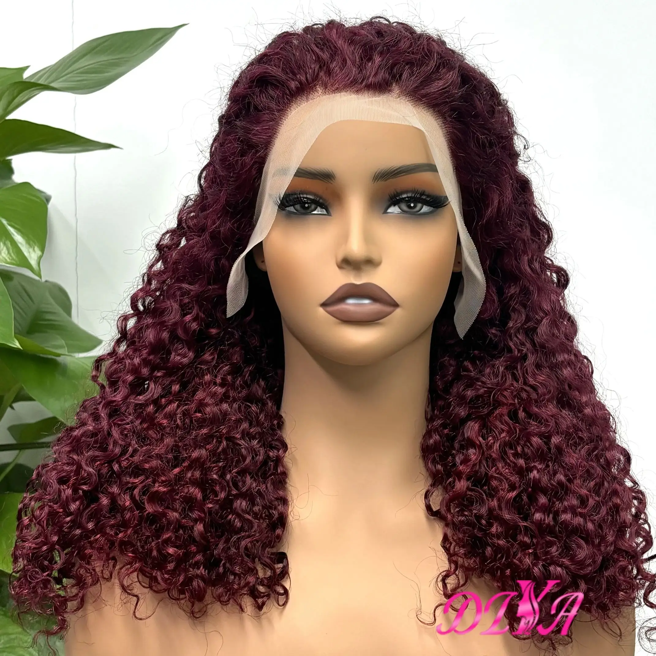 300% Density Burgundy Burmese Curly Human Hair Wig for Women 13x4 Lace Frontal 12A Double Drawn Bouncy Curly Wig PrePlucked