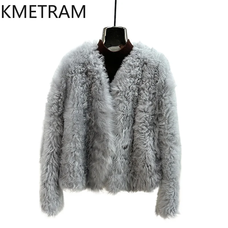 100% 천연 투스카니 양모 양가죽 양면 퍼 재킷 여성용 브이넥 숏 리얼 퍼 코트 여성 2025 겨울 의류 퍼