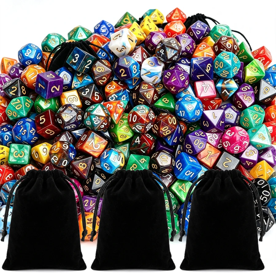 7/14/28pcs Random Polyhedral Dice & 1/2/4pcs Drawstring Storage Pouch, Dice Kit for Tabletop Board Games, Role‑Playing Game XJM