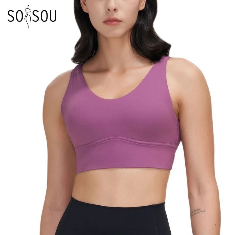 SOISOU Lycra Fitness Bra Yoga Top Women Sports Bra Gym Elastic Back Cross Breathable Bras For Women Chest Pad Removable Vest