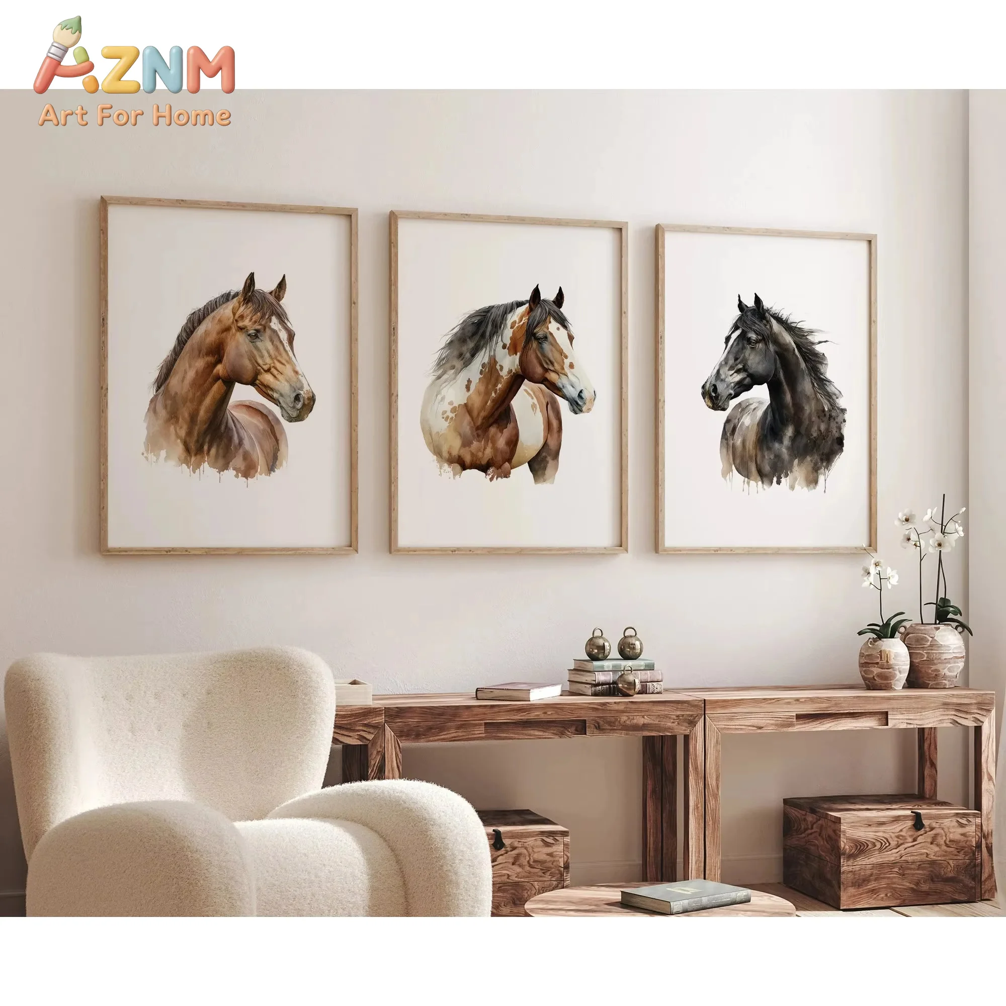 AZNM  Modern Minimalist Animal Wall Art Print Steed Black and Brown Horse Canvas Painting for Living Room Bedroom Home Decor